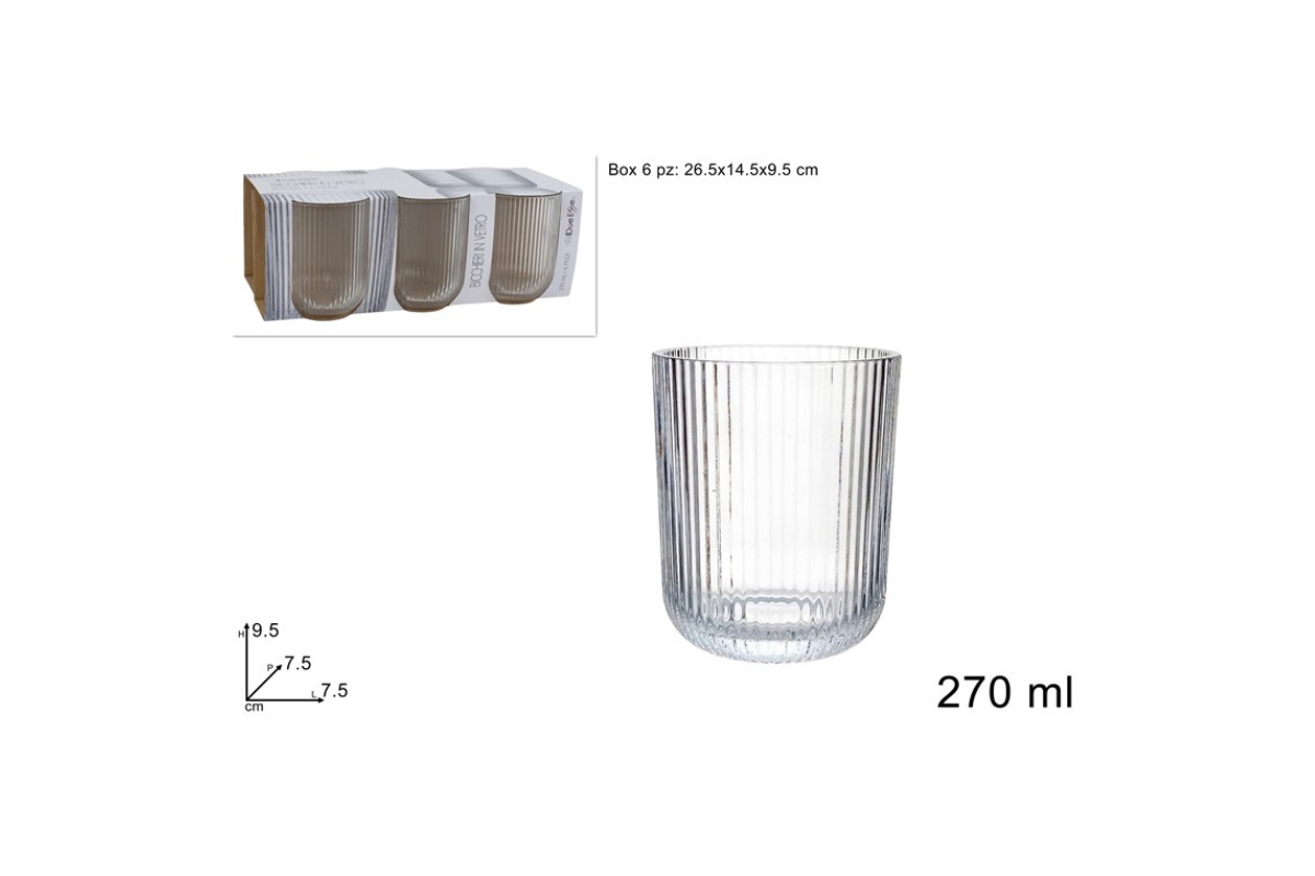 BICCHIERI IN VETRO 270 ML SET 6 PZ RIGATI TRASPARENTI
