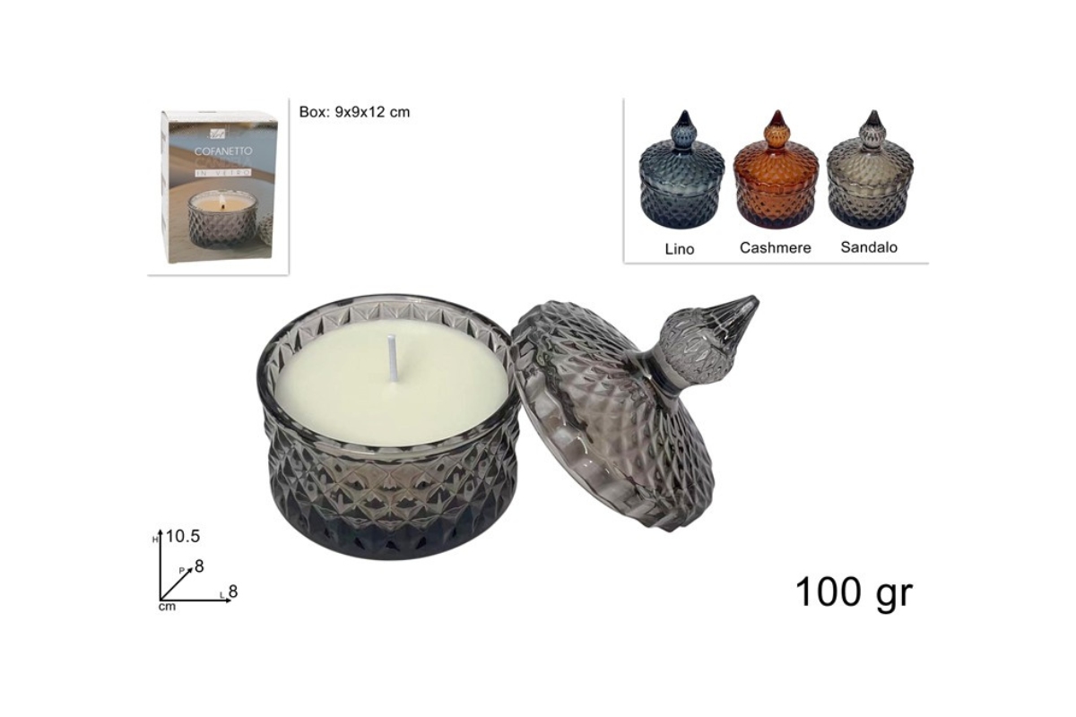 COFANETTO VETRO CON CANDELA 100GR PROFUMATA 3 ASS.