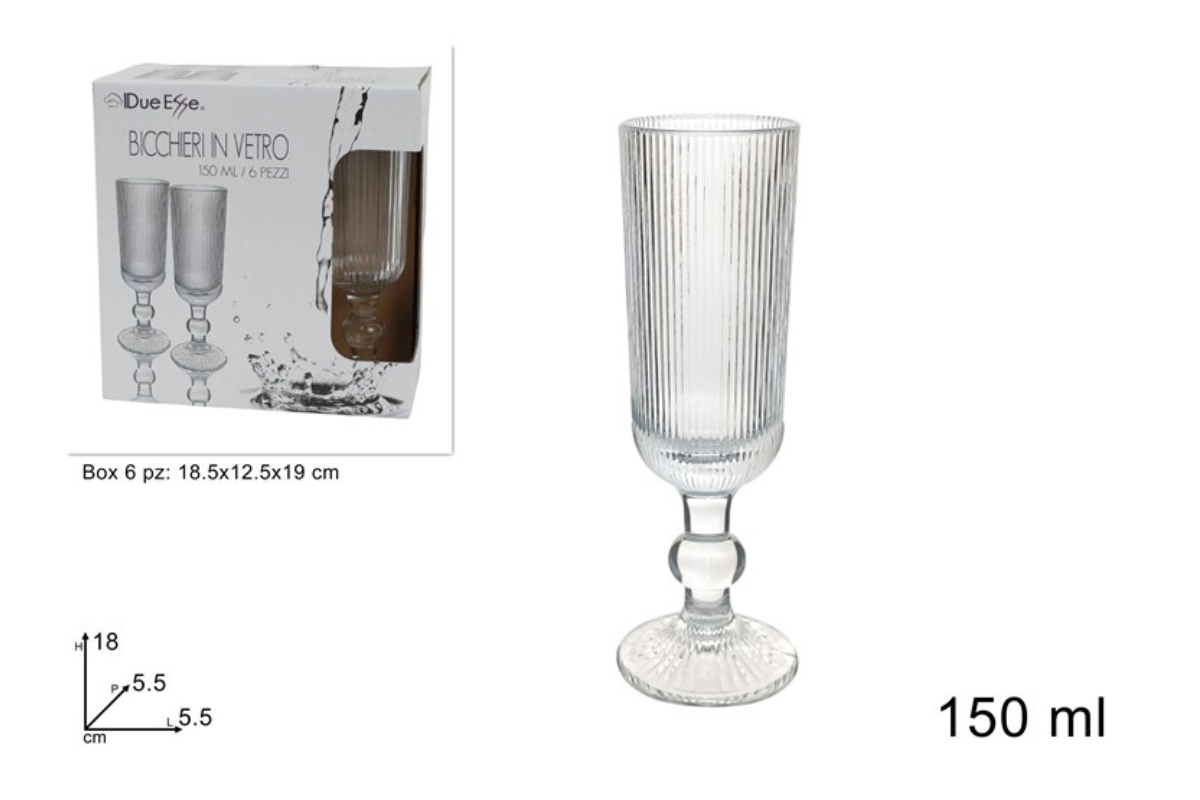 FLUTE IN VETRO 150 ML SET 6 PZ RIGATI TRASPARENTI
