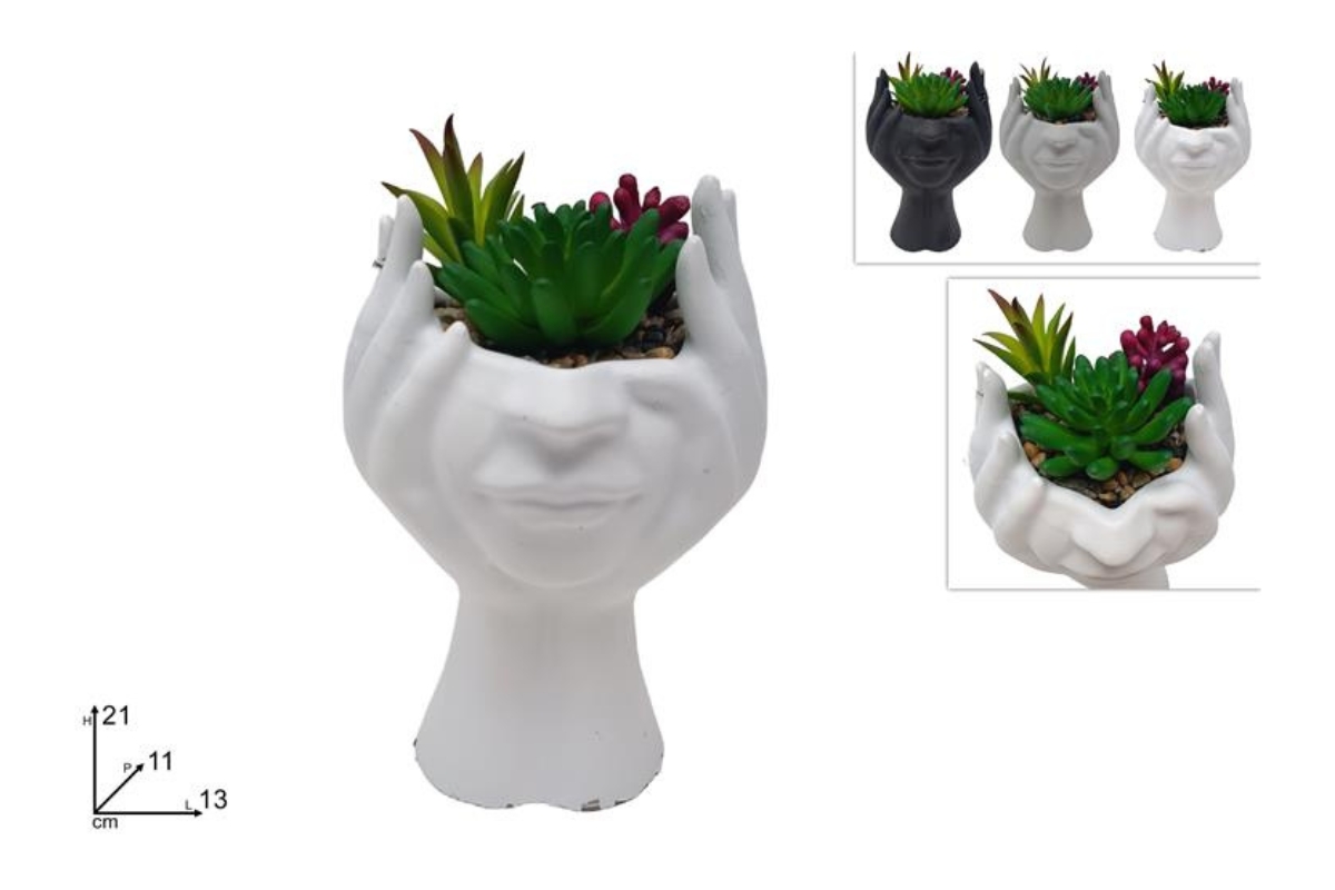 VASO VISO CON MANI CON PIANTA GRASSA 3 ASS