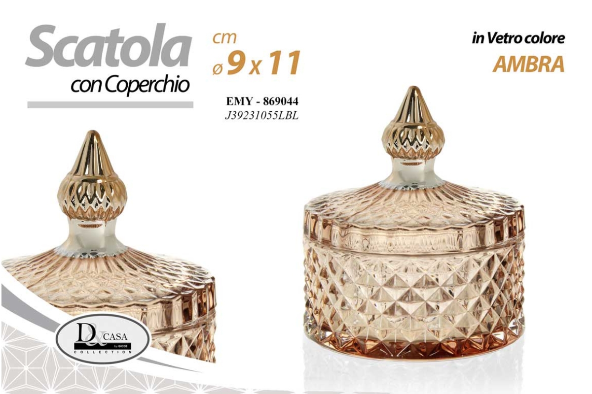 SCATOLA CON COPERCHIO IN VETRO  AMBRA  9*11CM 