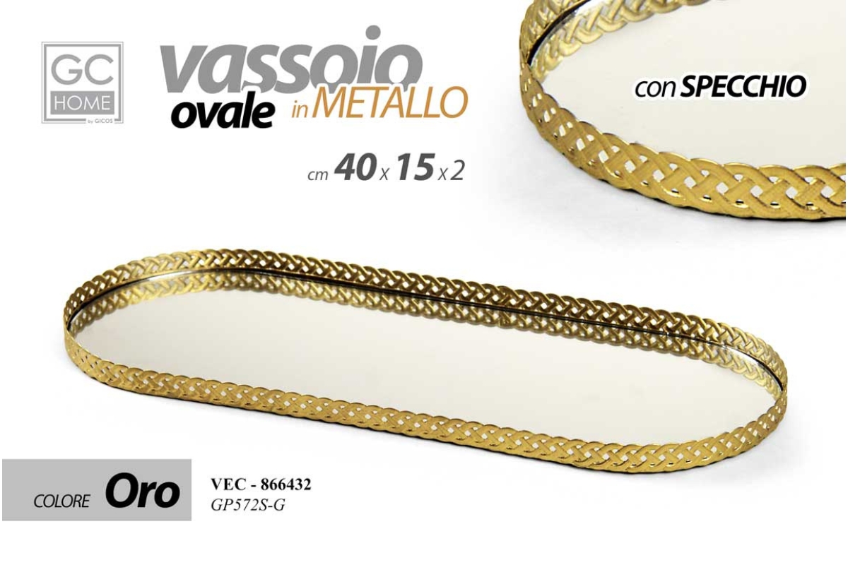 VASSOIO OVALE IN METALLO  C/SPECCHIO  C.ORO 40*15*2 