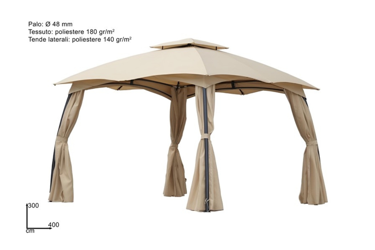 GAZEBO 3X4MT DOPPIO TETTO TENDE LATERALI TESSUTO ECRU
