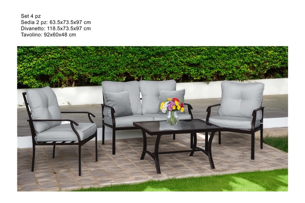 SET DA GIARDINO 4PZ NERO C/CUSCINI GRIGIO