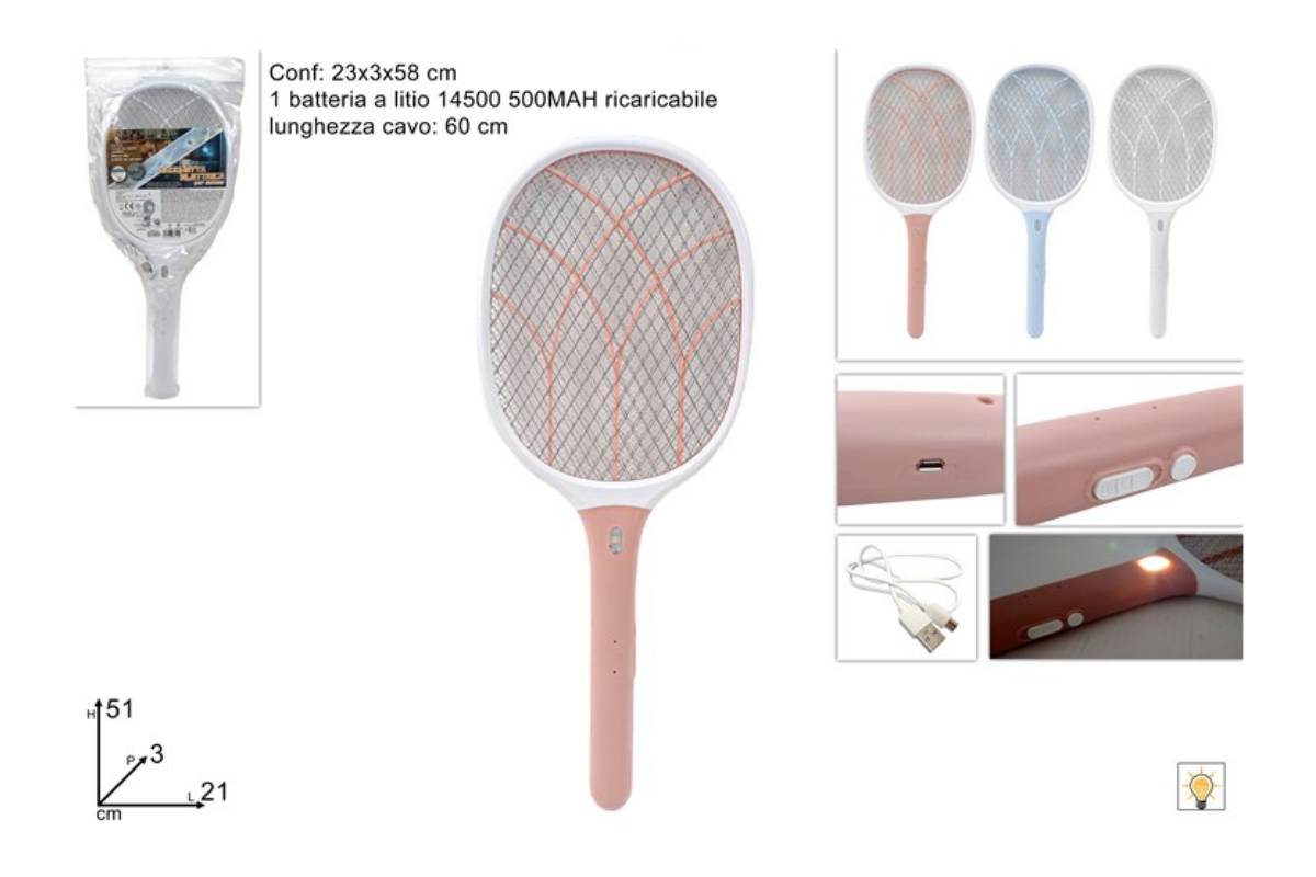 RACCHETTA ZANZARE RICARICABILE C\LUCE C\CAVO 3 COL