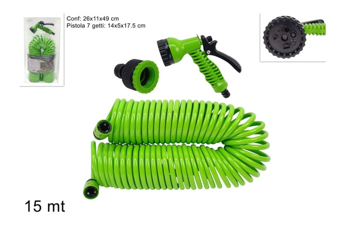 TUBO ESTENSIBILE SPIRALE 15 MT CON PISTOLA 7 GETTI