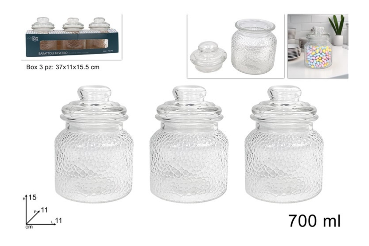 BARATTOLI IN VETRO C/FANTASIA 700 ML SET DA 3 PZ CON TAPPO