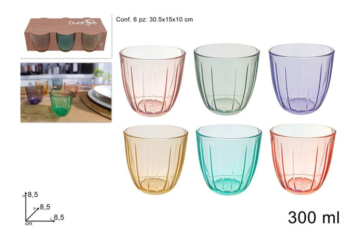 BICCHIERE VETRO 300 ML SET 6 PZ COLORATI 